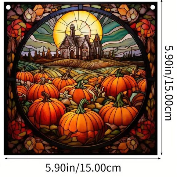 Autum Fall Scene Suncatcher Goth House Halloween Sun Pumpkin Hanging In/Outdoor - Picture 3 of 4